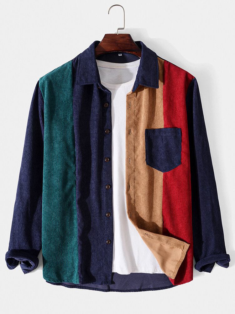 Mænd Corduroy Color Block Brystlomme Knap Casual Skjorter