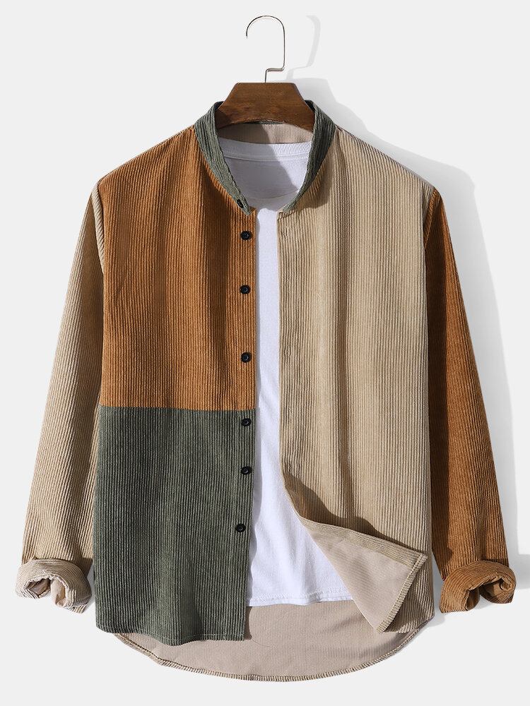 Mænd Corduroy Color Block Stand-krave Button Up Casual Skjorter