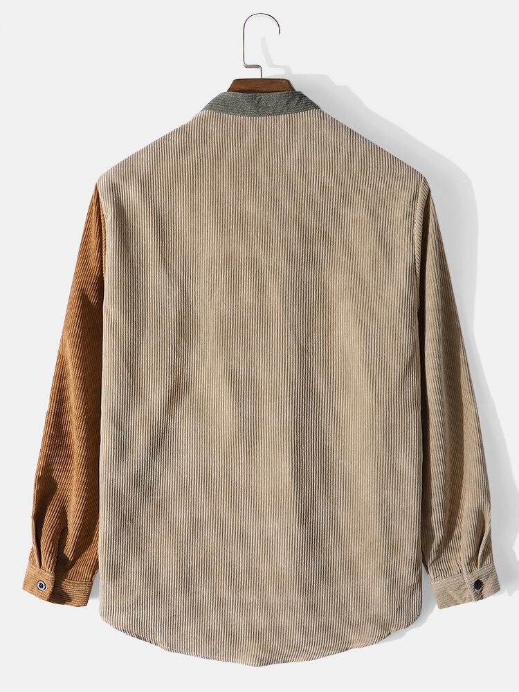 Mænd Corduroy Color Block Stand-krave Button Up Casual Skjorter