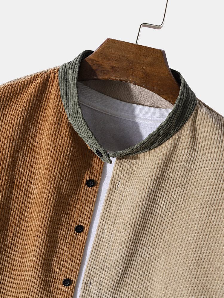 Mænd Corduroy Color Block Stand-krave Button Up Casual Skjorter