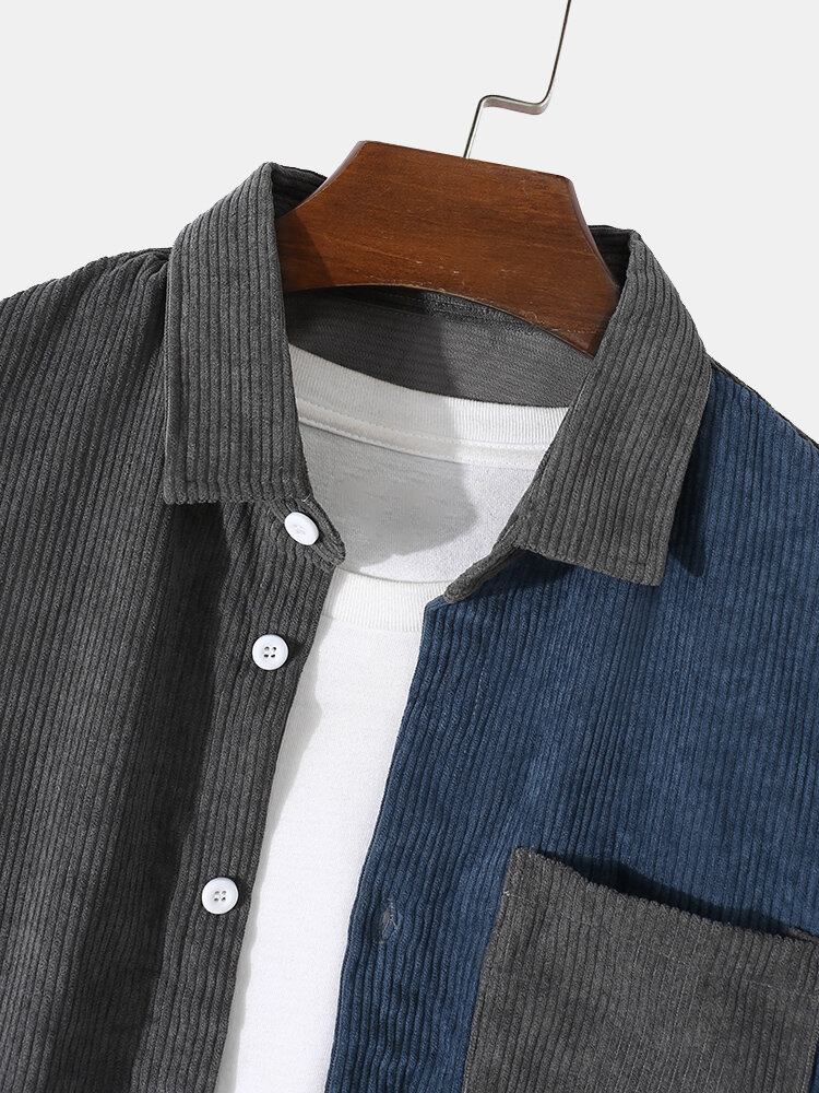 Mænd Corduroy Contrast Colorblock Front Button Lapel Casual Skjorter