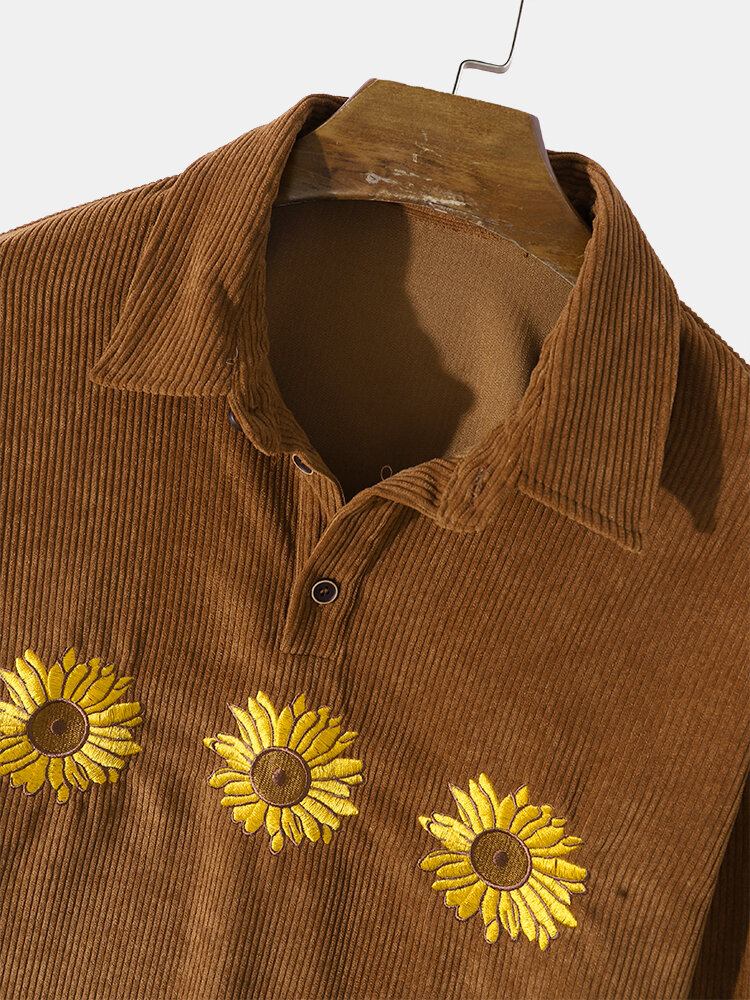 Mænd Corduroy Daisy Broderi Ensfarvede Blomster Langærmede Skjorter Med Knapper