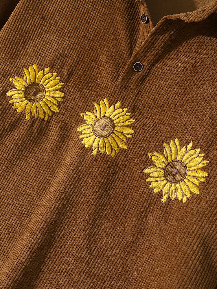 Mænd Corduroy Daisy Broderi Ensfarvede Blomster Langærmede Skjorter Med Knapper