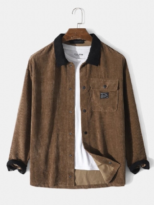 Mænd Corduroy Kontrast Patchwork Snap Button Flap Pocket Casual Skjorte