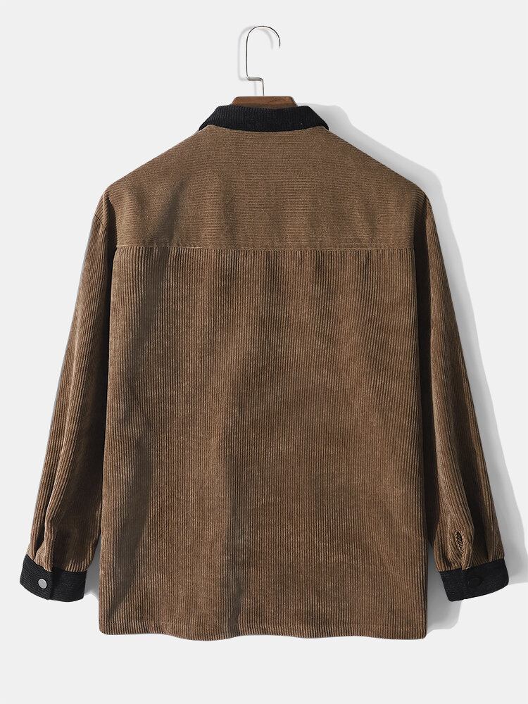 Mænd Corduroy Kontrast Patchwork Snap Button Flap Pocket Casual Skjorte