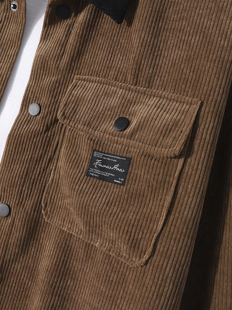 Mænd Corduroy Kontrast Patchwork Snap Button Flap Pocket Casual Skjorte