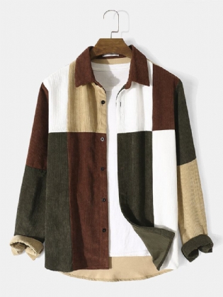 Mænd Corduroy Patchwork Kontrastfarve Blok Reverskrave Knapper Casual Skjorter