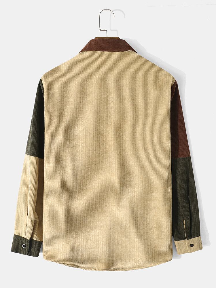 Mænd Corduroy Patchwork Kontrastfarve Blok Reverskrave Knapper Casual Skjorter