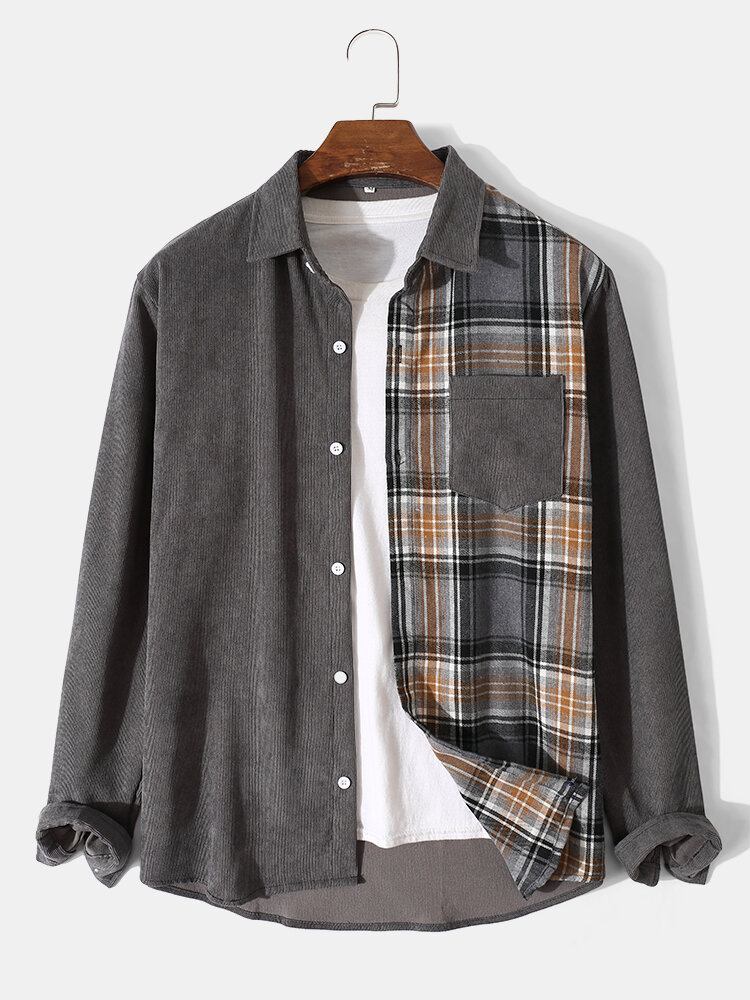 Mænd Corduroy Plaid Patchwork Color Block Lapel Casual Skjorter