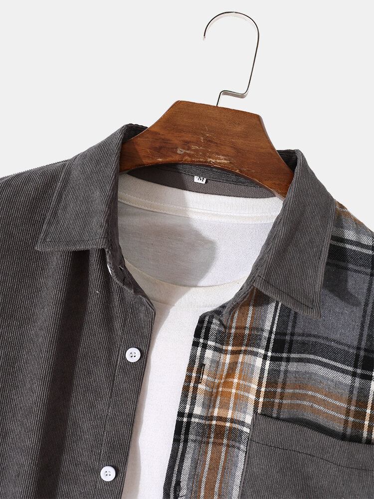 Mænd Corduroy Plaid Patchwork Color Block Lapel Casual Skjorter