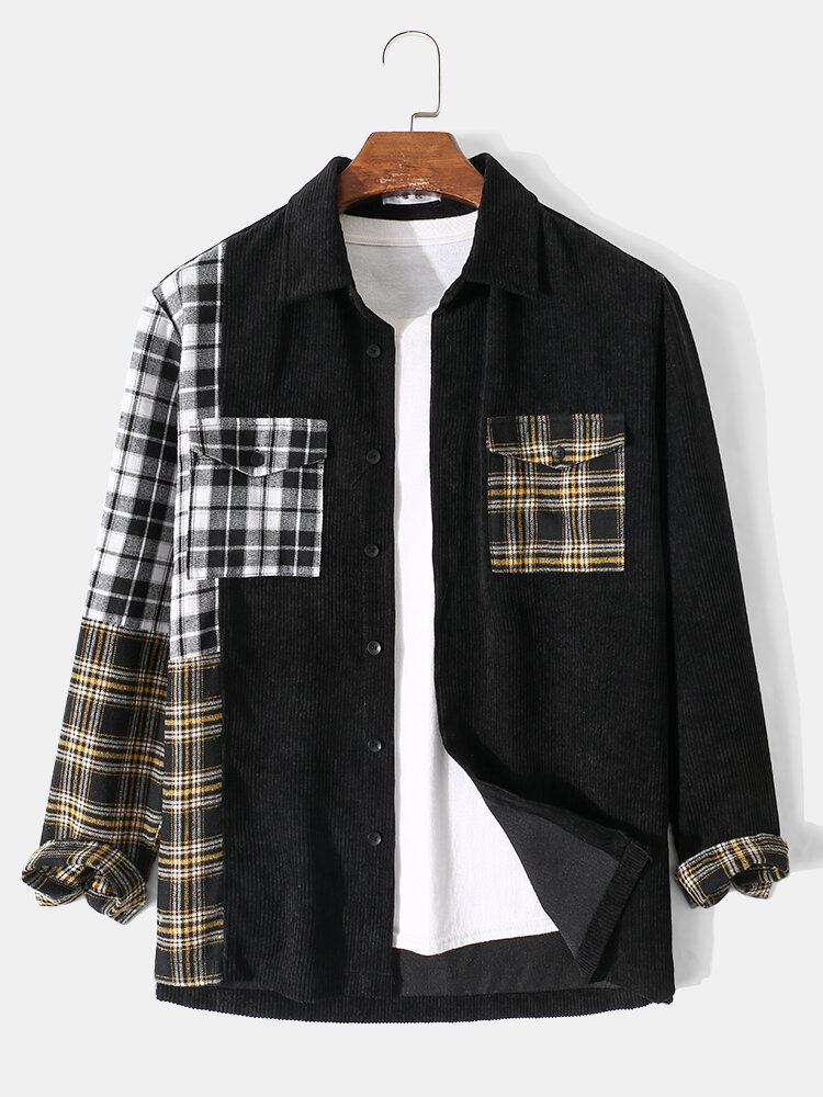 Mænd Corduroy Plaid Patchwork Dobbeltlommer Casual Skjorter Med Skruetrækker