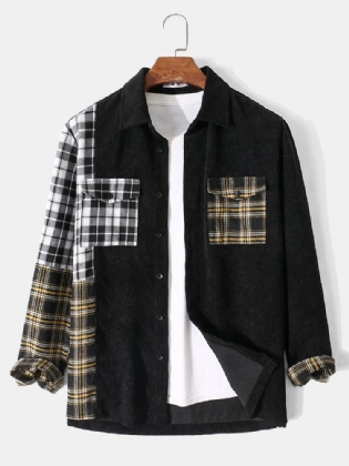 Mænd Corduroy Plaid Patchwork Dobbeltlommer Casual Skjorter Med Skruetrækker