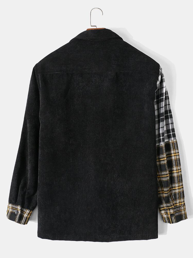 Mænd Corduroy Plaid Patchwork Dobbeltlommer Casual Skjorter Med Skruetrækker