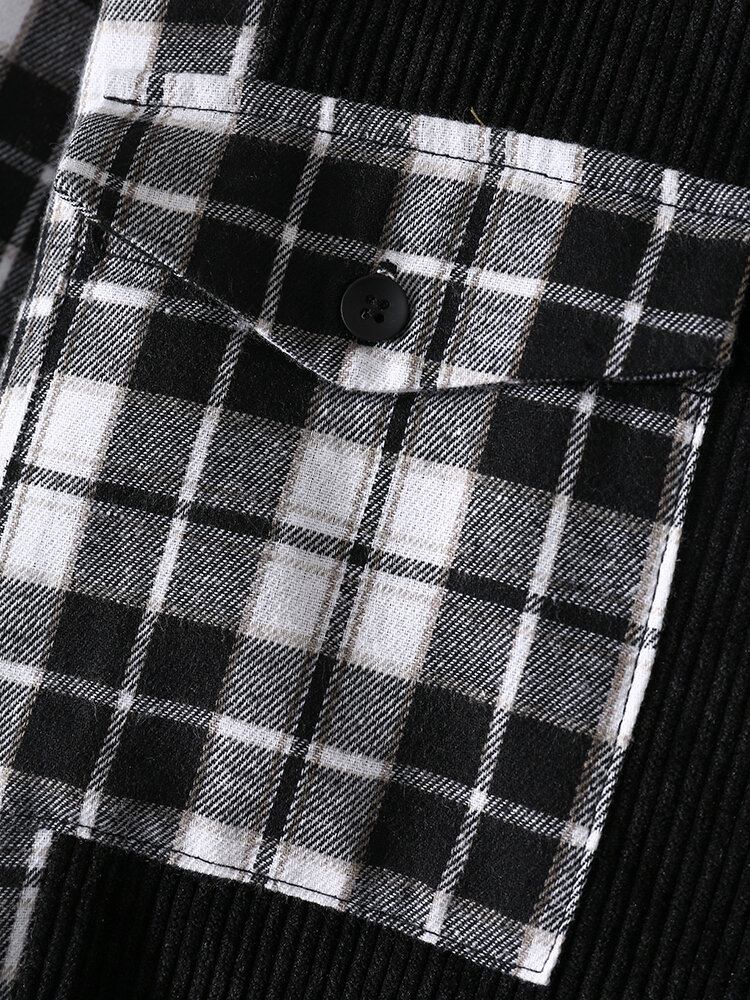 Mænd Corduroy Plaid Patchwork Dobbeltlommer Casual Skjorter Med Skruetrækker