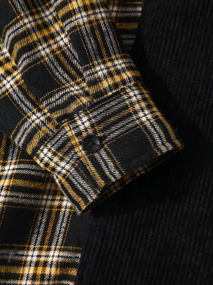 Mænd Corduroy Plaid Patchwork Dobbeltlommer Casual Skjorter Med Skruetrækker