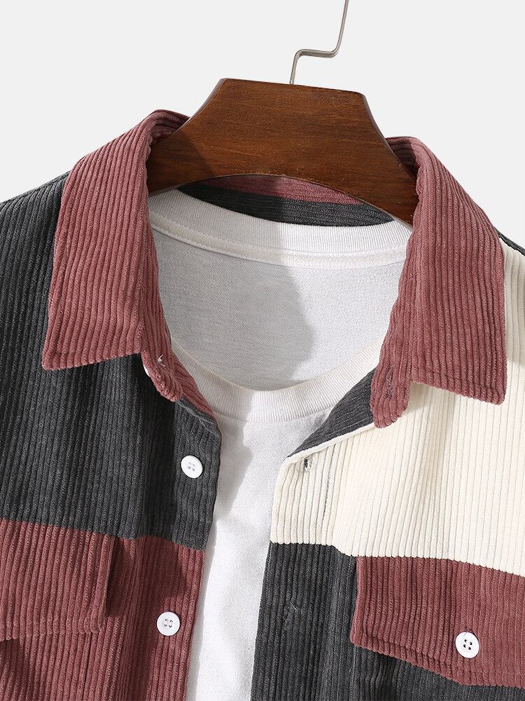 Mænd Corduroy Plaid Patchwork Farveblok Turn Down Krave Langærmede Casual Skjorter