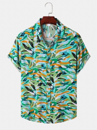 Mænd Crane Print Hem Manchet Hudvenlig Graceful Kortærmet Revers Lifeful Shirts