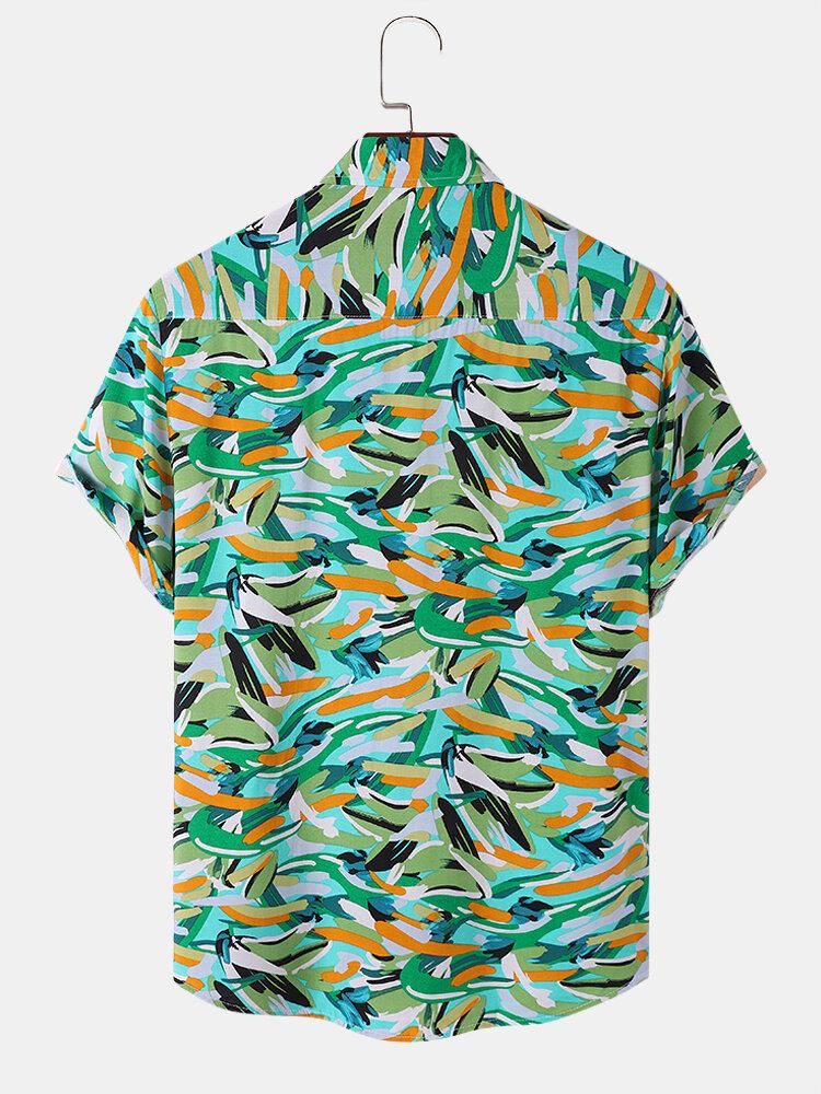 Mænd Crane Print Hem Manchet Hudvenlig Graceful Kortærmet Revers Lifeful Shirts