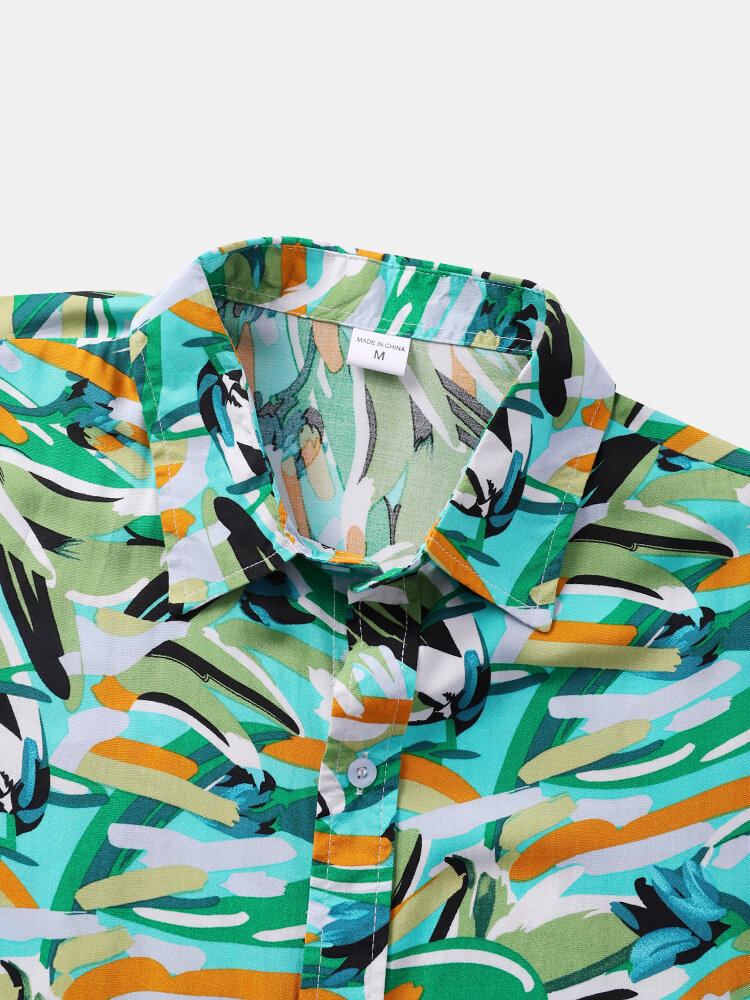 Mænd Crane Print Hem Manchet Hudvenlig Graceful Kortærmet Revers Lifeful Shirts