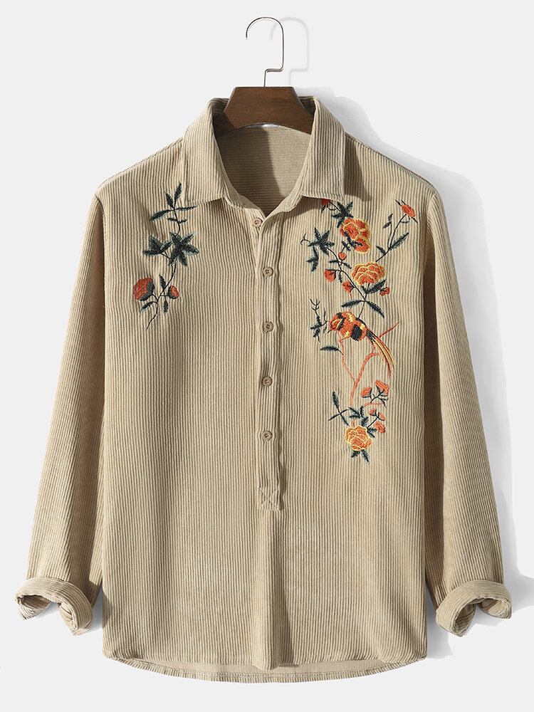 Mænd Ensfarvet Broderi Blomstret Fløjlslange Langærmede Knapper Casual Henley Skjorter