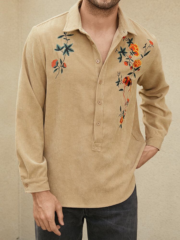 Mænd Ensfarvet Broderi Blomstret Fløjlslange Langærmede Knapper Casual Henley Skjorter