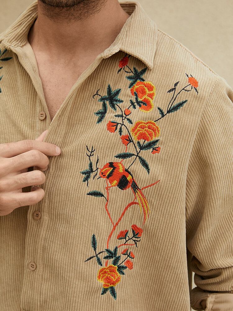 Mænd Ensfarvet Broderi Blomstret Fløjlslange Langærmede Knapper Casual Henley Skjorter