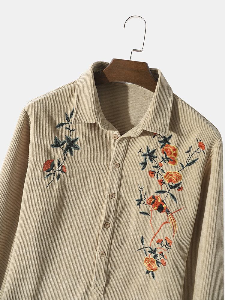 Mænd Ensfarvet Broderi Blomstret Fløjlslange Langærmede Knapper Casual Henley Skjorter