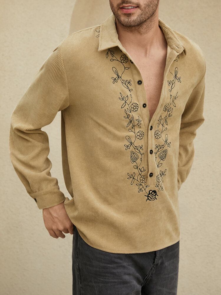 Mænd Floral Corduroy Ensfarvede Knapper Langærmede Casual Henley Skjorter