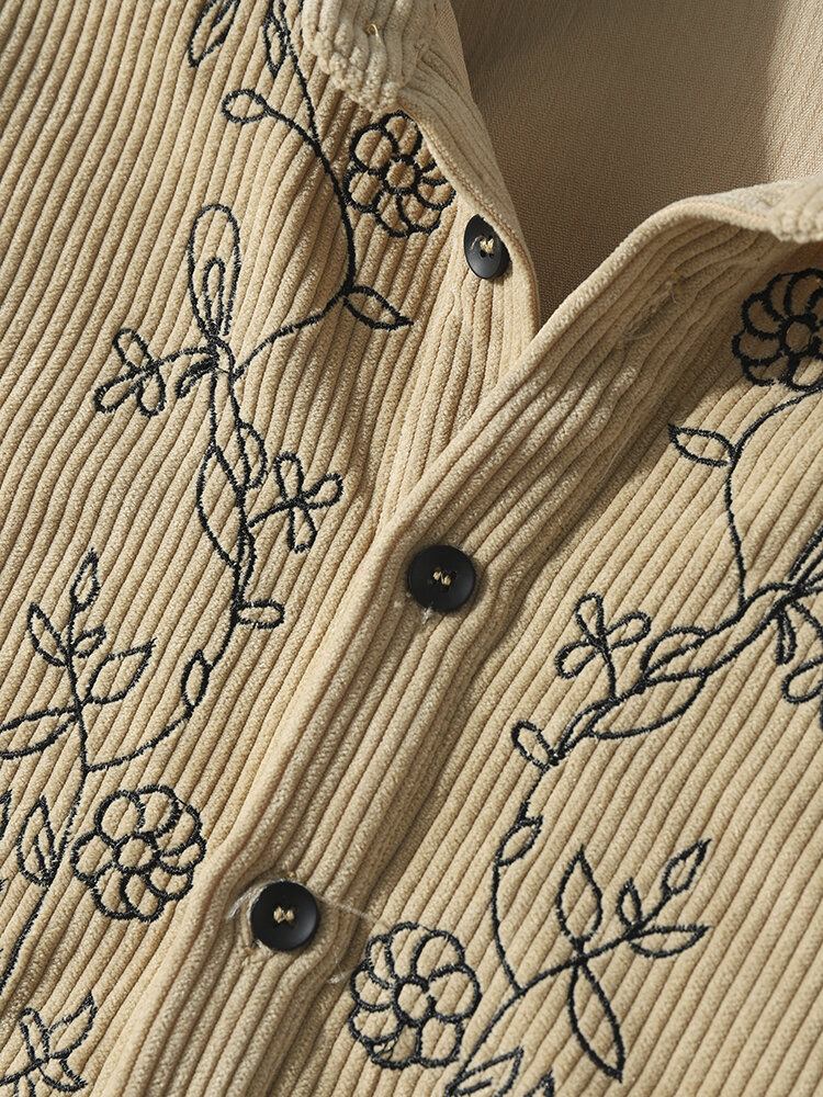 Mænd Floral Corduroy Ensfarvede Knapper Langærmede Casual Henley Skjorter