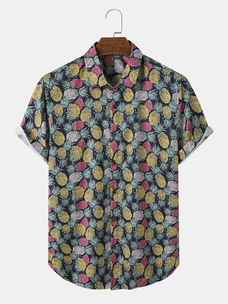 Mænd Funny Allover Pineapple Print Street Button Buet Hem Holiday Shirts