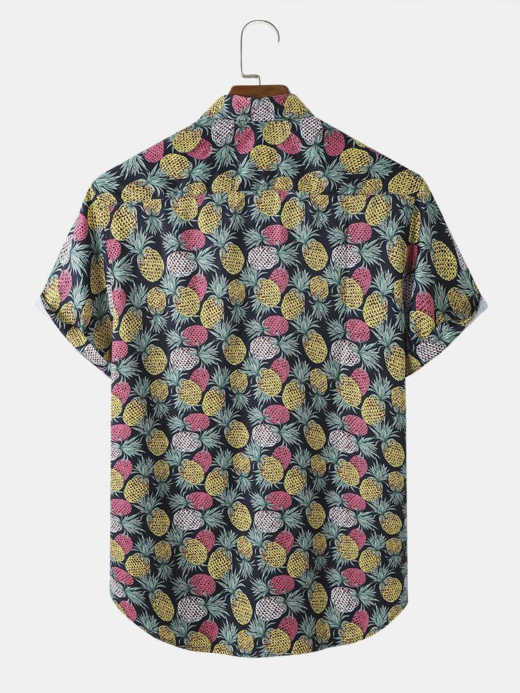 Mænd Funny Allover Pineapple Print Street Button Buet Hem Holiday Shirts