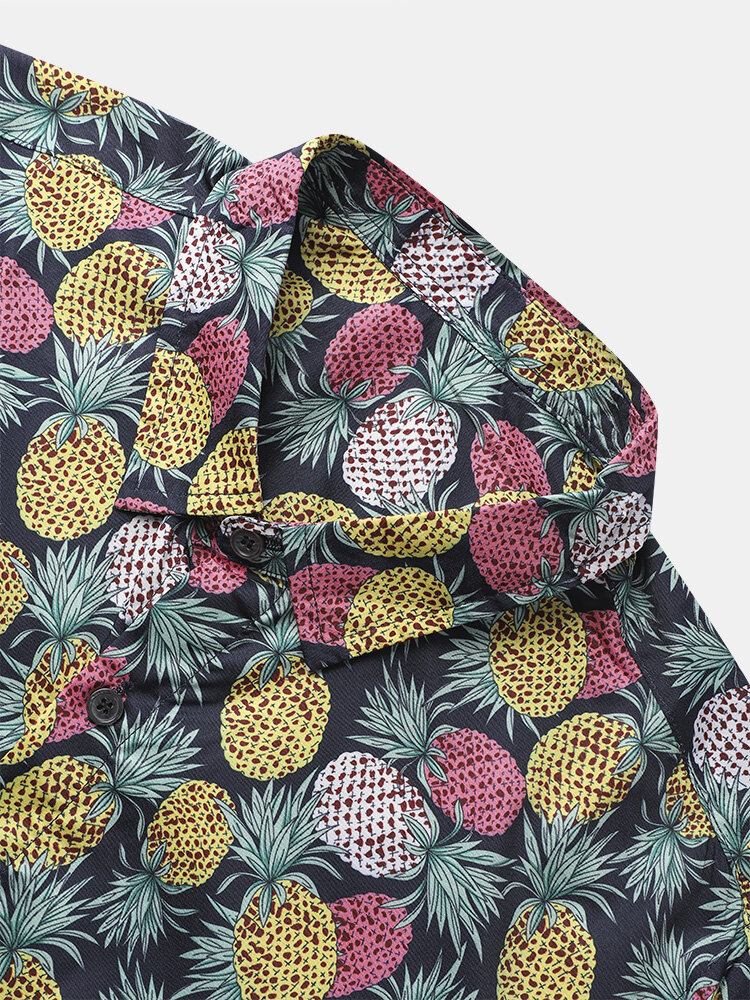 Mænd Funny Allover Pineapple Print Street Button Buet Hem Holiday Shirts