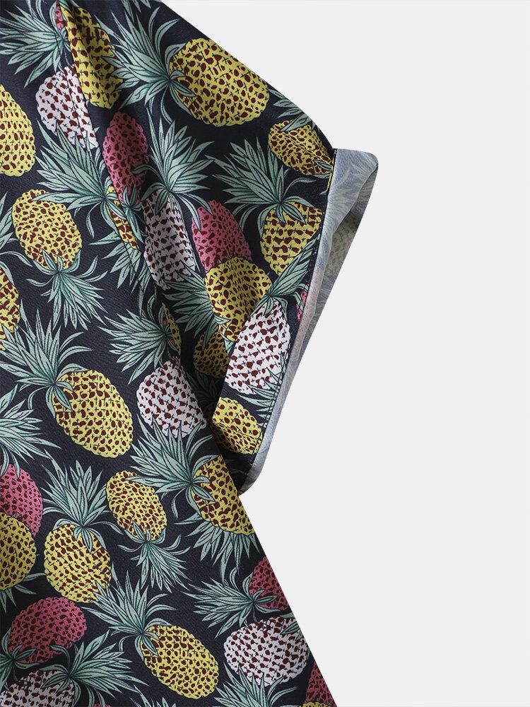 Mænd Funny Allover Pineapple Print Street Button Buet Hem Holiday Shirts