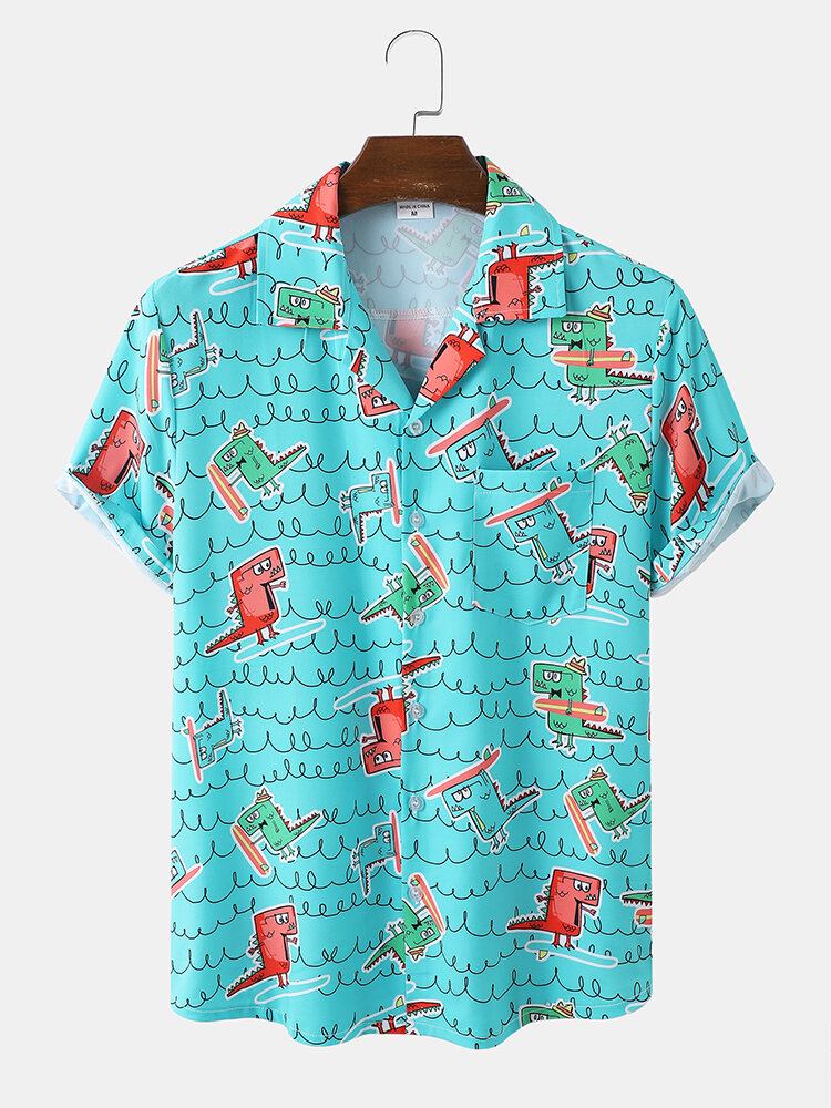 Mænd Funny Dinosaur Print Beachwear Ice Silke Comfy Revere Collar Hawaii Style Skjorter