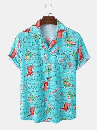 Mænd Funny Dinosaur Print Beachwear Ice Silke Comfy Revere Collar Hawaii Style Skjorter