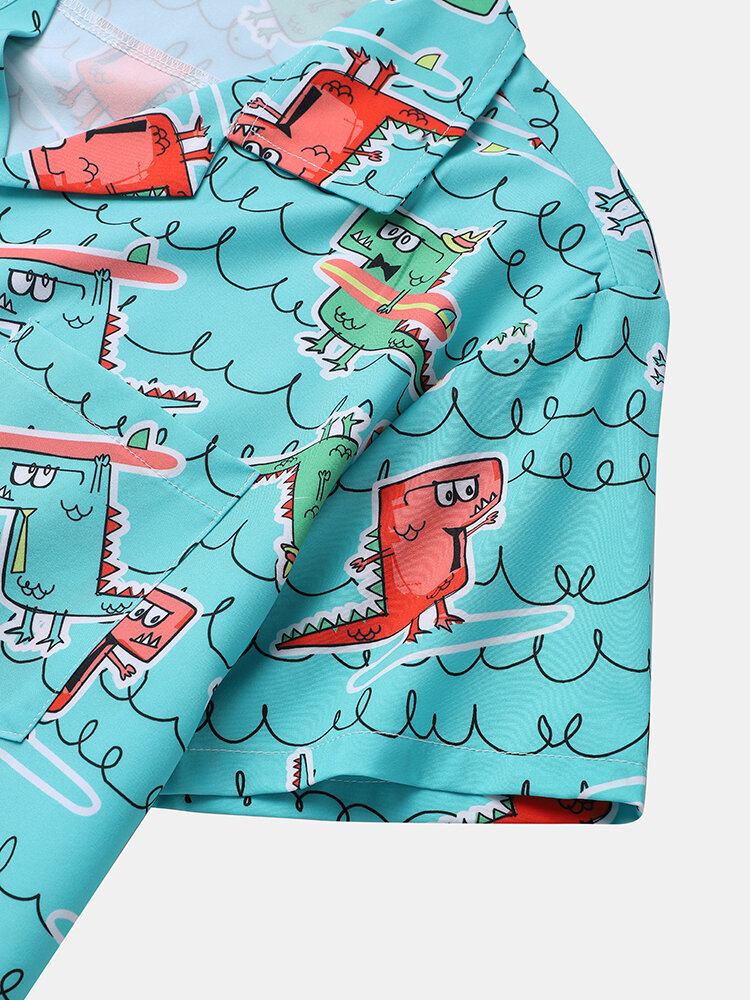 Mænd Funny Dinosaur Print Beachwear Ice Silke Comfy Revere Collar Hawaii Style Skjorter