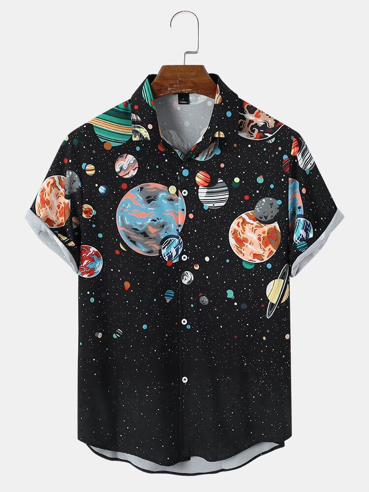 Mænd Galaxy Planet Print Black Lapel Shirts