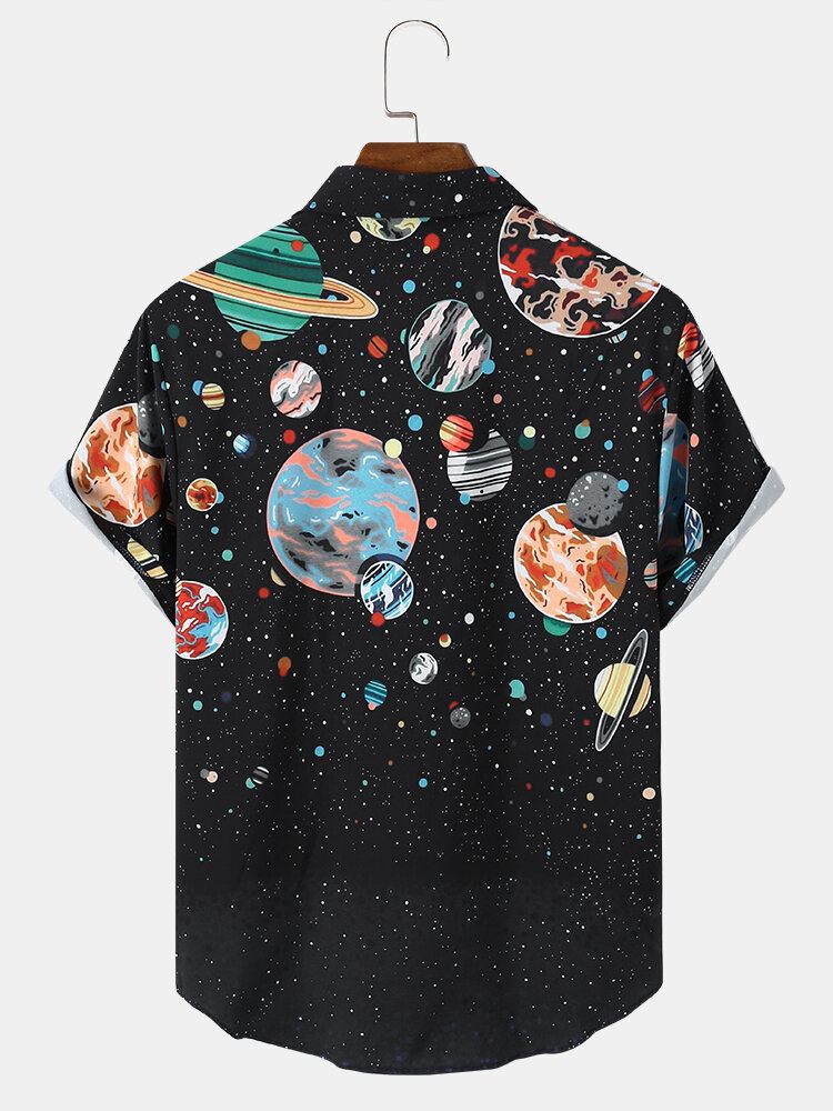 Mænd Galaxy Planet Print Black Lapel Shirts