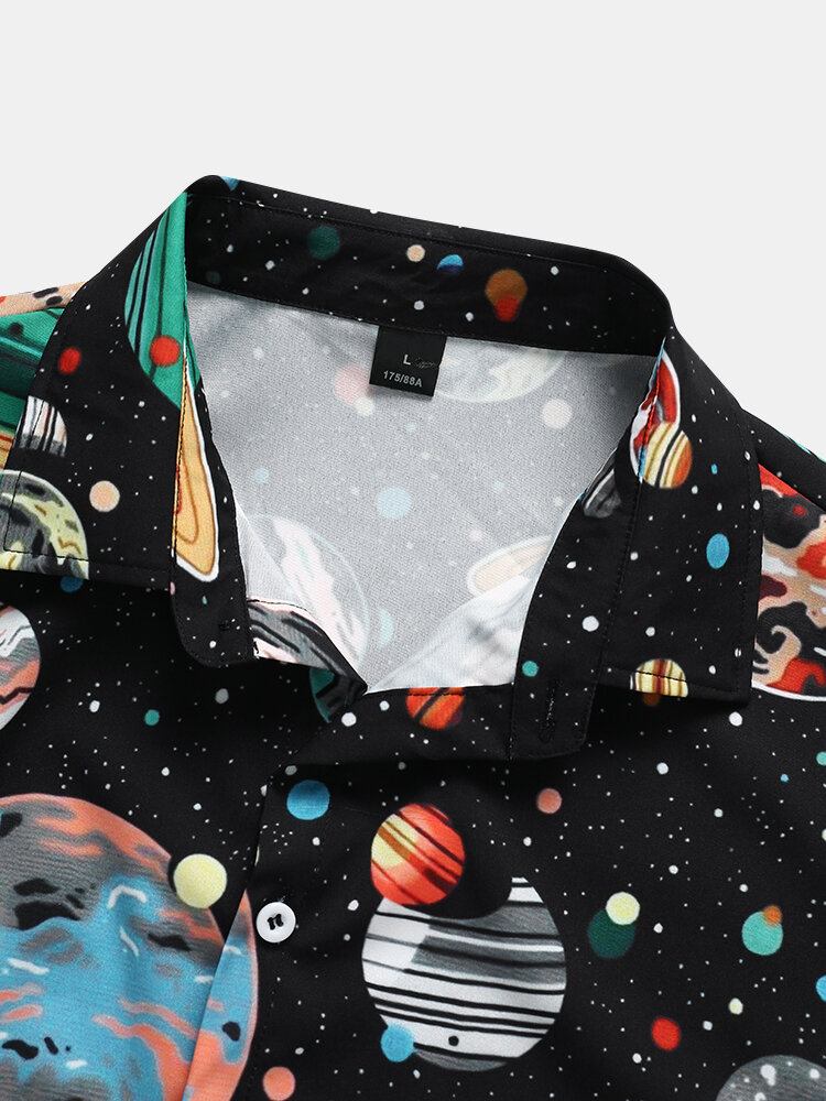 Mænd Galaxy Planet Print Black Lapel Shirts