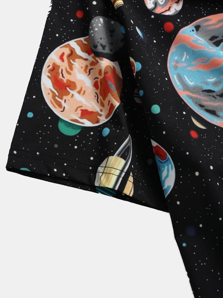 Mænd Galaxy Planet Print Black Lapel Shirts