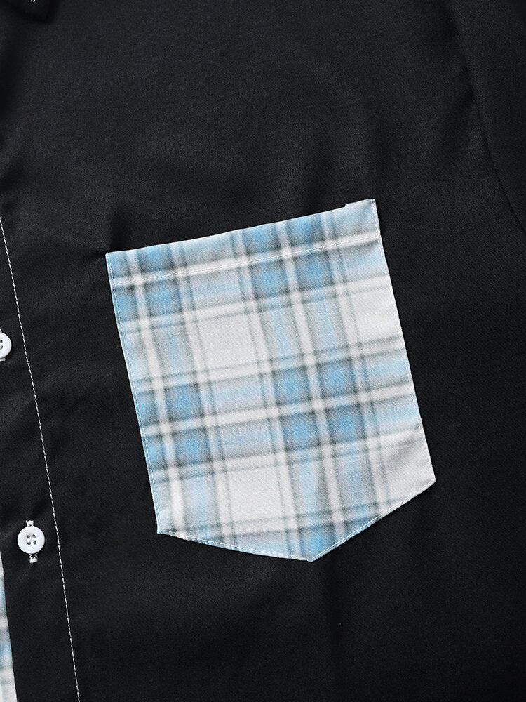 Mænd Gingham Patchwork Enkel Lomme Reverskrave Skjorter Med Buet Kant