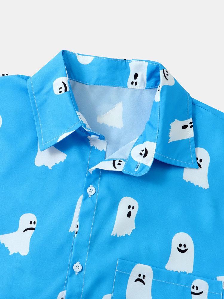 Mænd Halloween All Over Ghost Print Button Casual Kortærmede Skjorter