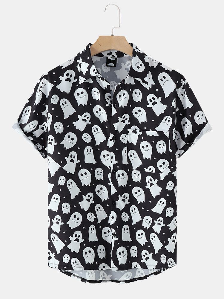 Mænd Halloween Allover Ghost Print Button Up Pocket Casual Skjorter