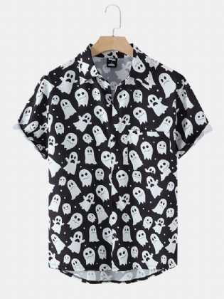 Mænd Halloween Allover Ghost Print Button Up Pocket Casual Skjorter