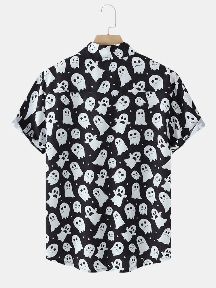 Mænd Halloween Allover Ghost Print Button Up Pocket Casual Skjorter