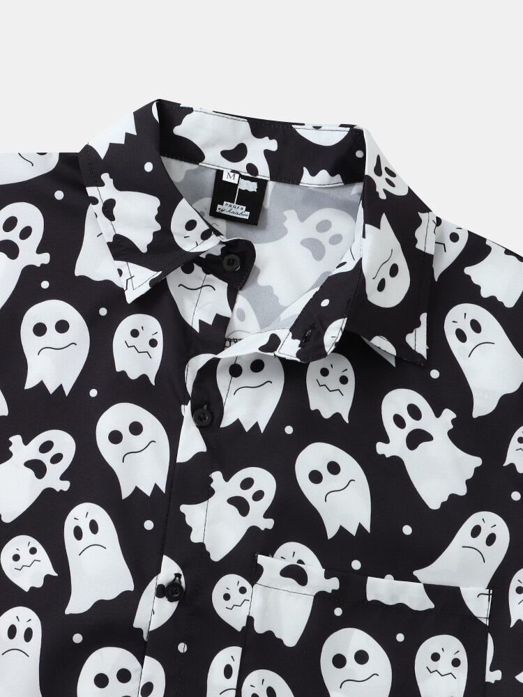 Mænd Halloween Allover Ghost Print Button Up Pocket Casual Skjorter