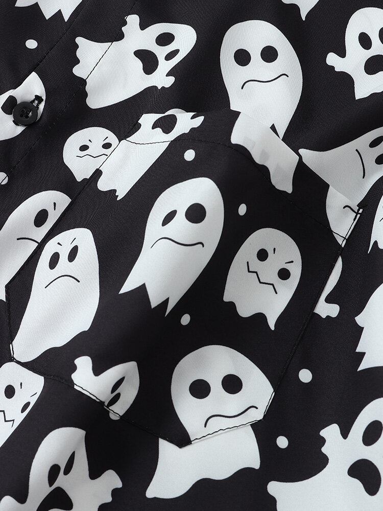 Mænd Halloween Allover Ghost Print Button Up Pocket Casual Skjorter