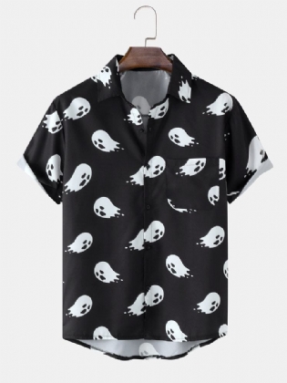 Mænd Halloween Allover Ghost Print Pocket Button High Low Hem Shirts