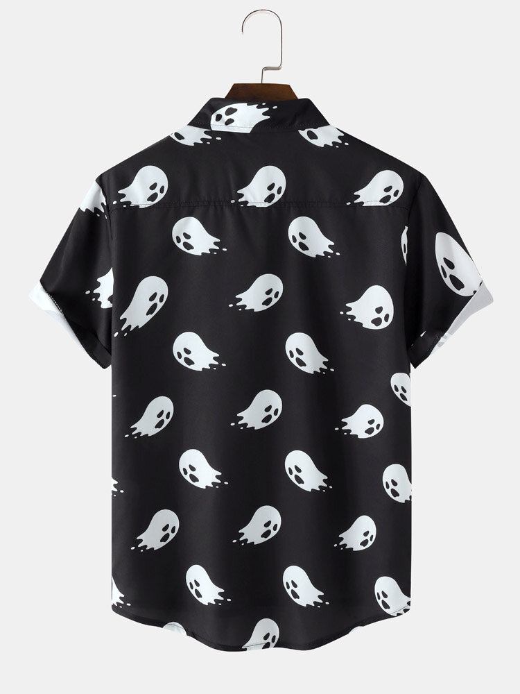 Mænd Halloween Allover Ghost Print Pocket Button High Low Hem Shirts