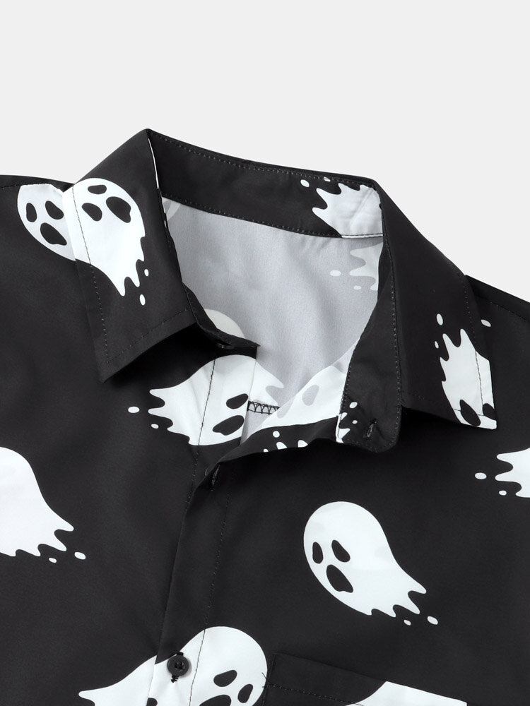 Mænd Halloween Allover Ghost Print Pocket Button High Low Hem Shirts